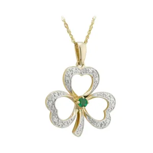 14K Gold Diamond Emerald Shamrock Necklace