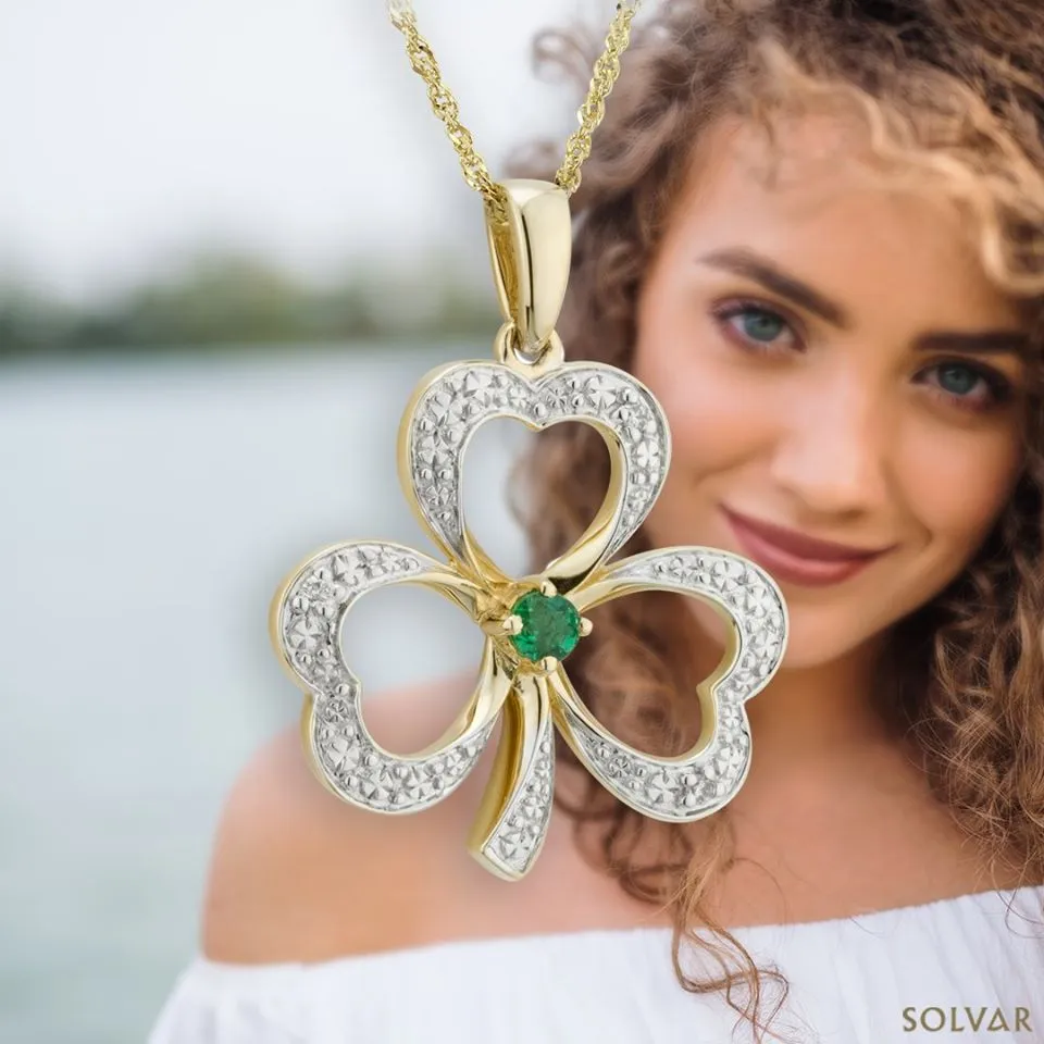 14K Gold Diamond Emerald Shamrock Necklace