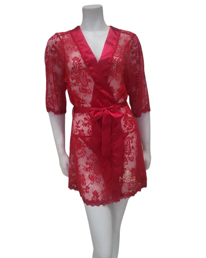 7115X Red Lace & Satin Plus Size Wrap Robe w/ Matching G-String