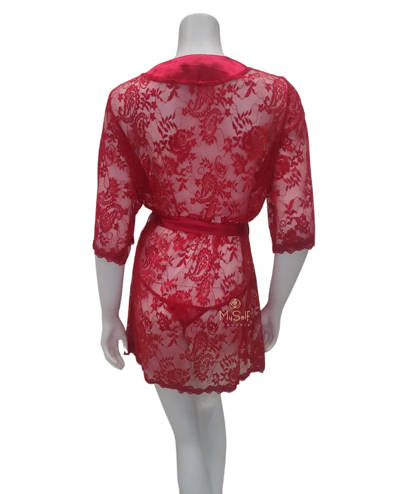 7115X Red Lace & Satin Plus Size Wrap Robe w/ Matching G-String