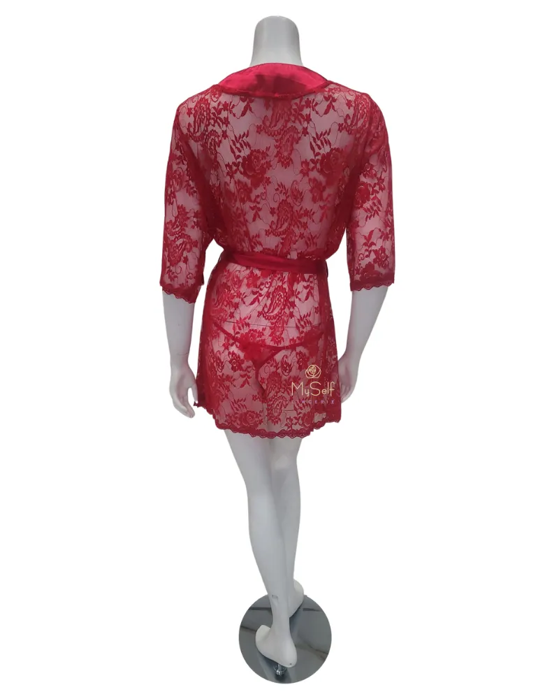 7115X Red Lace & Satin Plus Size Wrap Robe w/ Matching G-String