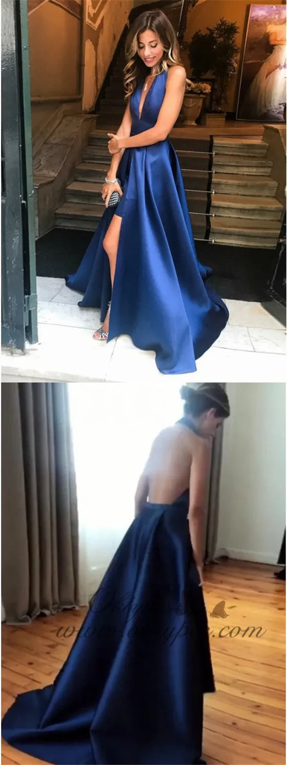 A-Line Halter Backless Royal Blue Satin Prom Dresses with Split, TYP1497