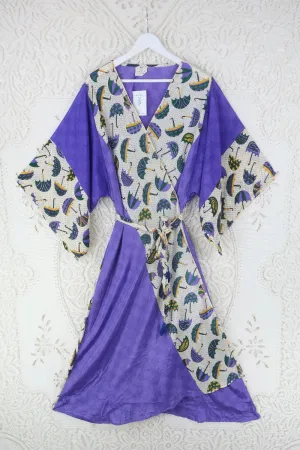 Aquaria Robe Dress - Vintage Sari - Amethyst Purple Umbrella Print- Size XXL