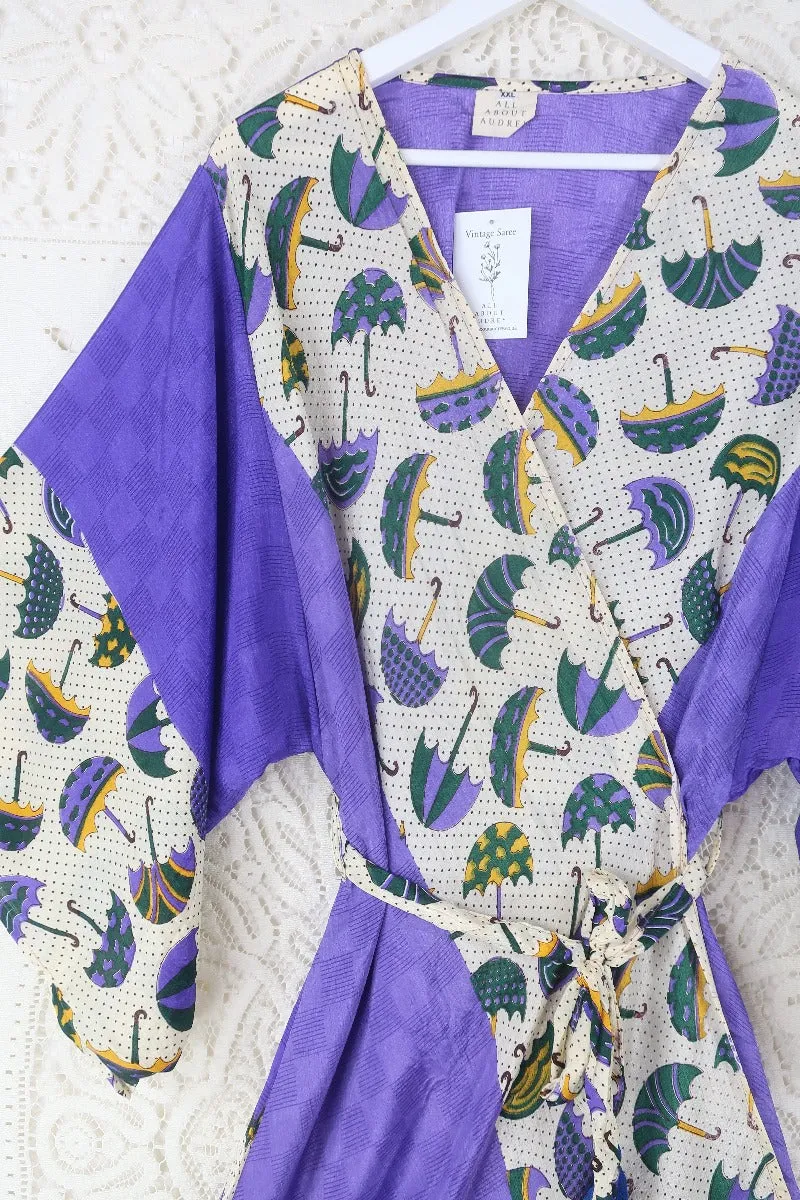 Aquaria Robe Dress - Vintage Sari - Amethyst Purple Umbrella Print- Size XXL