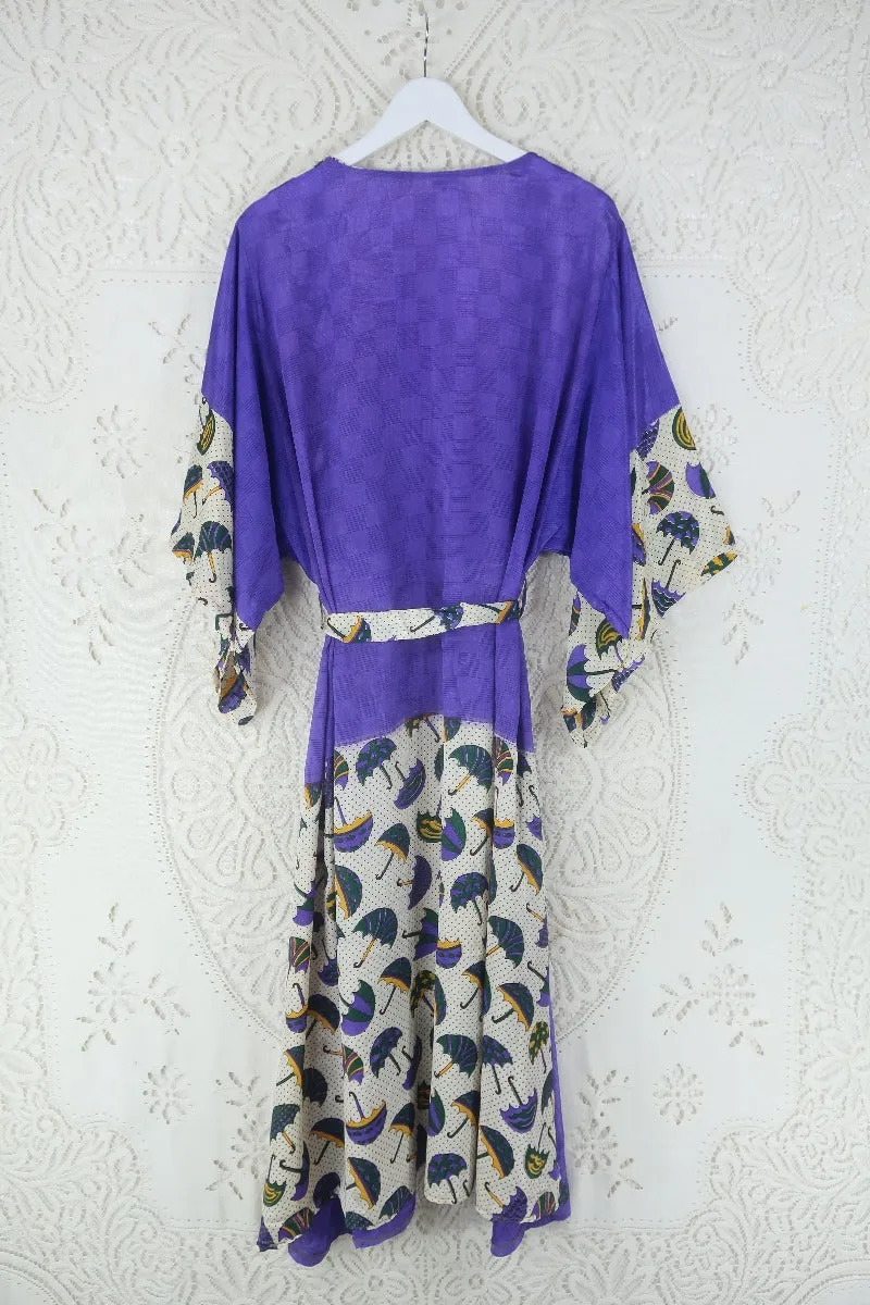 Aquaria Robe Dress - Vintage Sari - Amethyst Purple Umbrella Print- Size XXL
