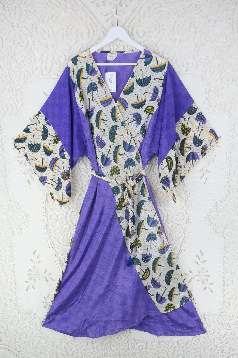 Aquaria Robe Dress - Vintage Sari - Amethyst Purple Umbrella Print- Size XXL