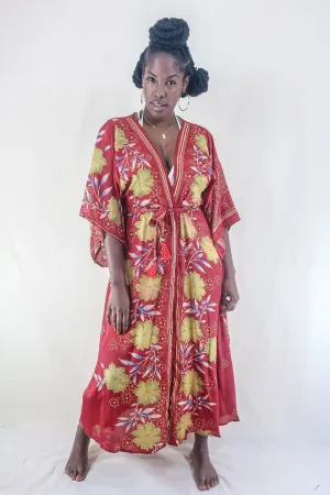 Aquaria Robe Dress - Vintage Sari - Cherry Red & Lime Floral - Free Size S/M