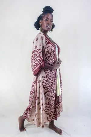 Aquaria Robe Dress - Vintage Sari - Mauve & Burgundy Floral - Free Size S/M