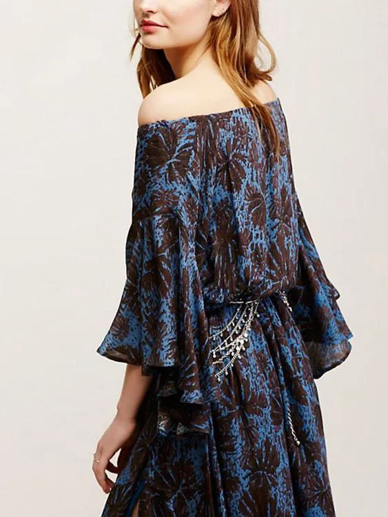 Bateau Off The Shoulder Half Sleeve Floral Print Dresses