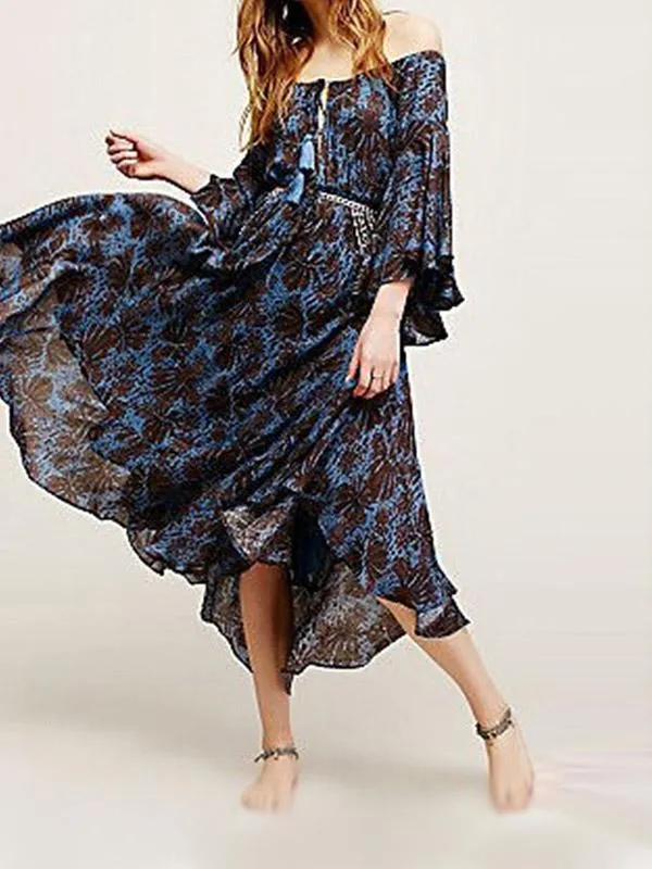 Bateau Off The Shoulder Half Sleeve Floral Print Dresses
