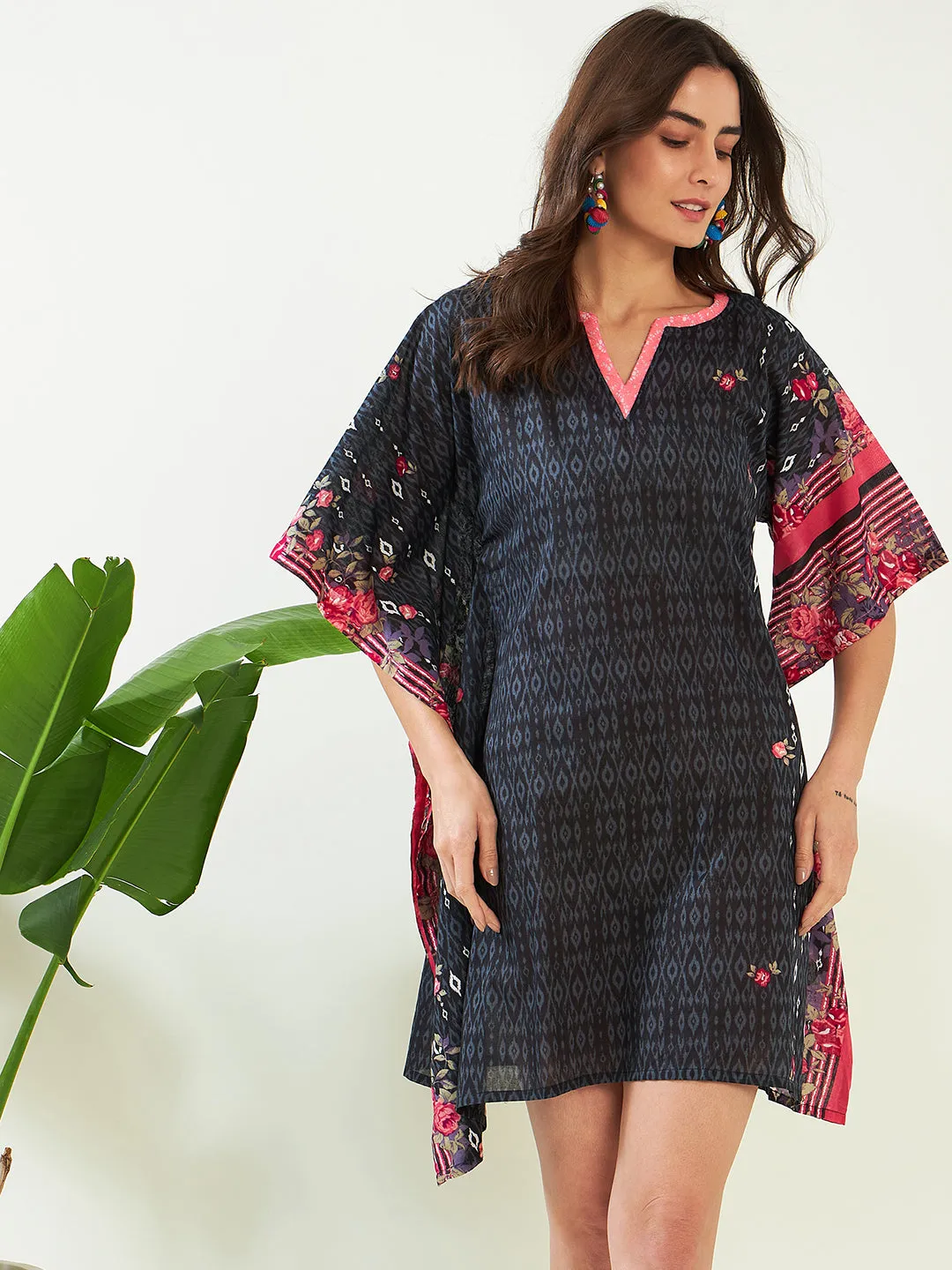 Black Gardenscape Asymmetric Resort Kaftan