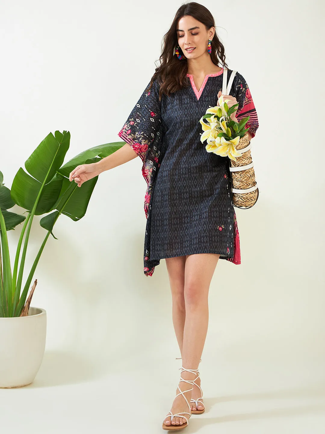 Black Gardenscape Asymmetric Resort Kaftan