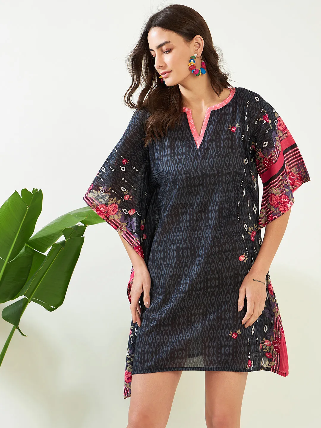 Black Gardenscape Asymmetric Resort Kaftan