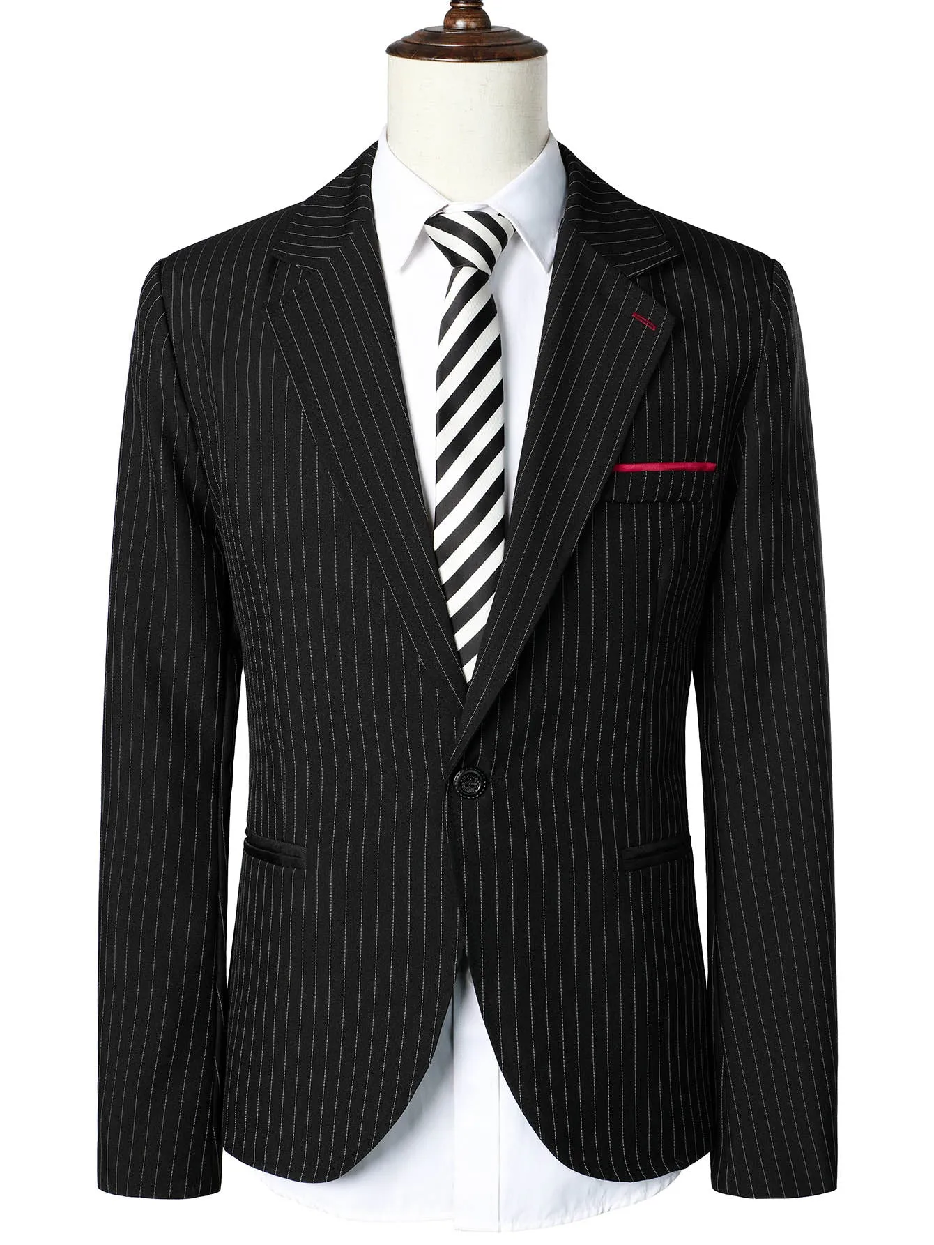 Black Pinstriped Contrast Panel Single Button Blazer