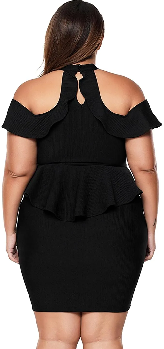Black Women's Plus Size Cold Shoulder Peplum Dress Bodycon Party Dress - Lalagen