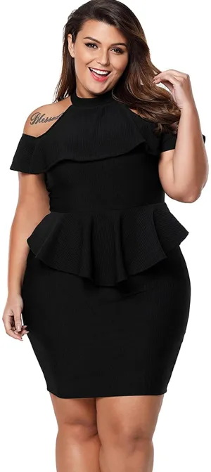 Black Women's Plus Size Cold Shoulder Peplum Dress Bodycon Party Dress - Lalagen