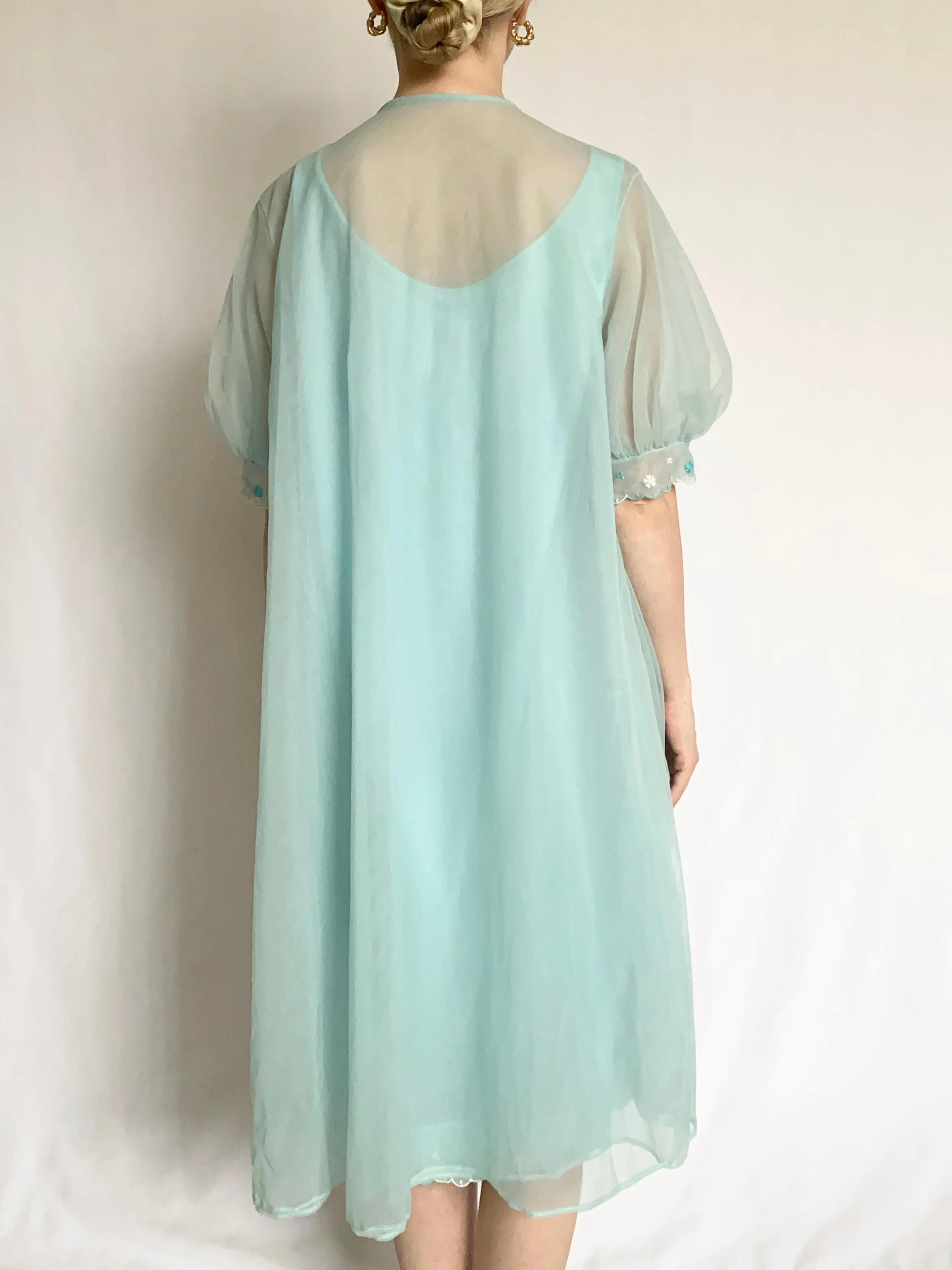 Blue 1960s Groovy Flower Peignoir and Nightgown Set (S)