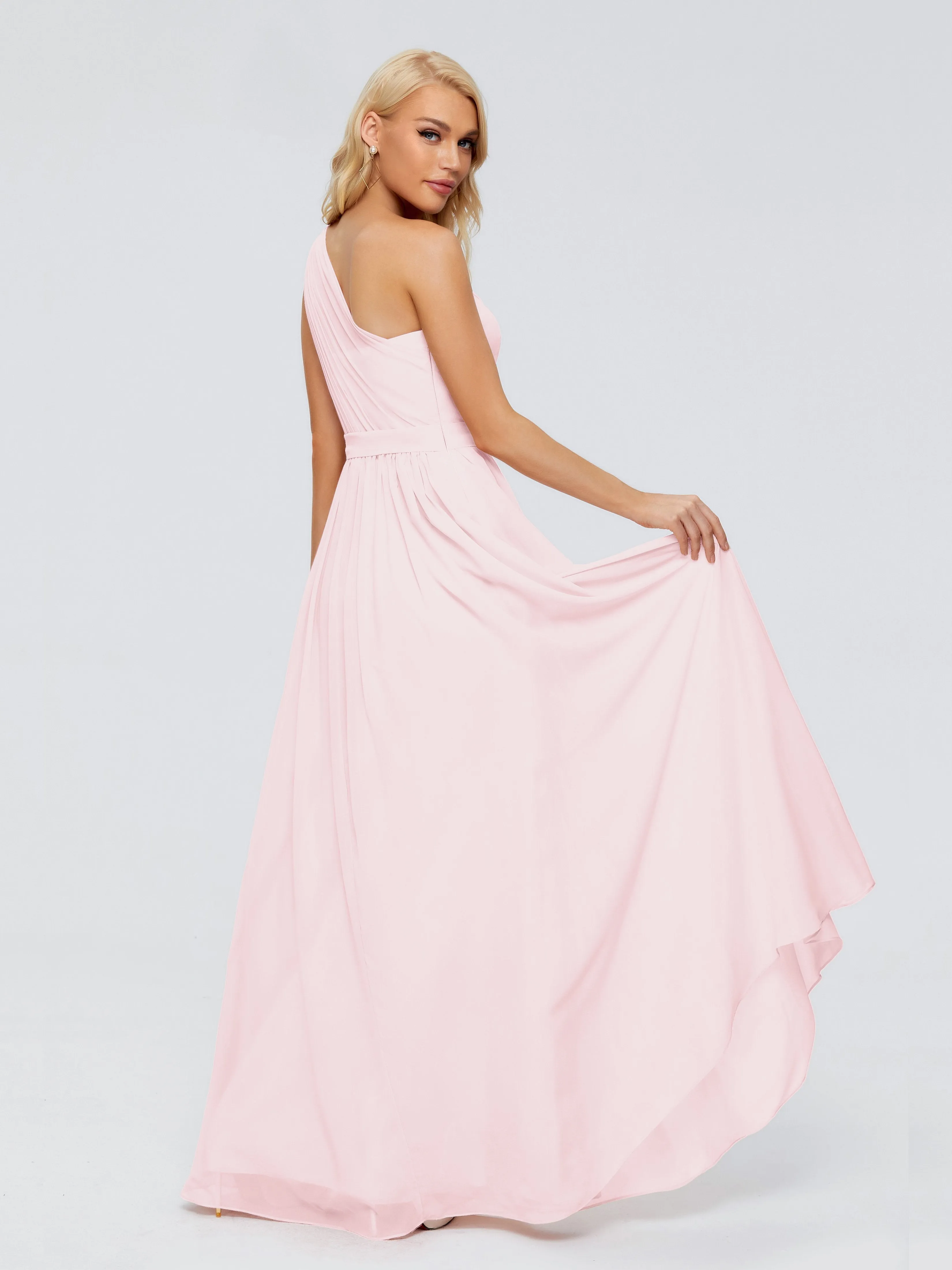 Blush Pink Bridesmaids Dresses Arabella One Shoulder Sash Bridesmaid Dresses