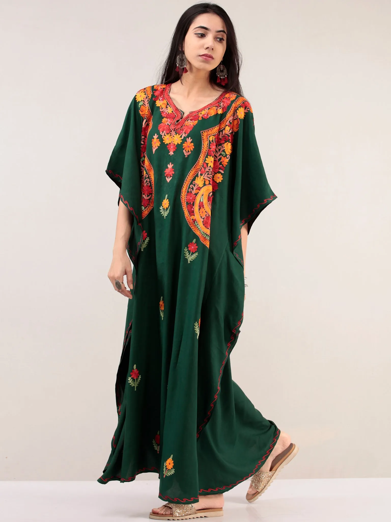 Bottle Green Orange Aari Embroidered Kashmere Free Size Kaftan  - K12K027