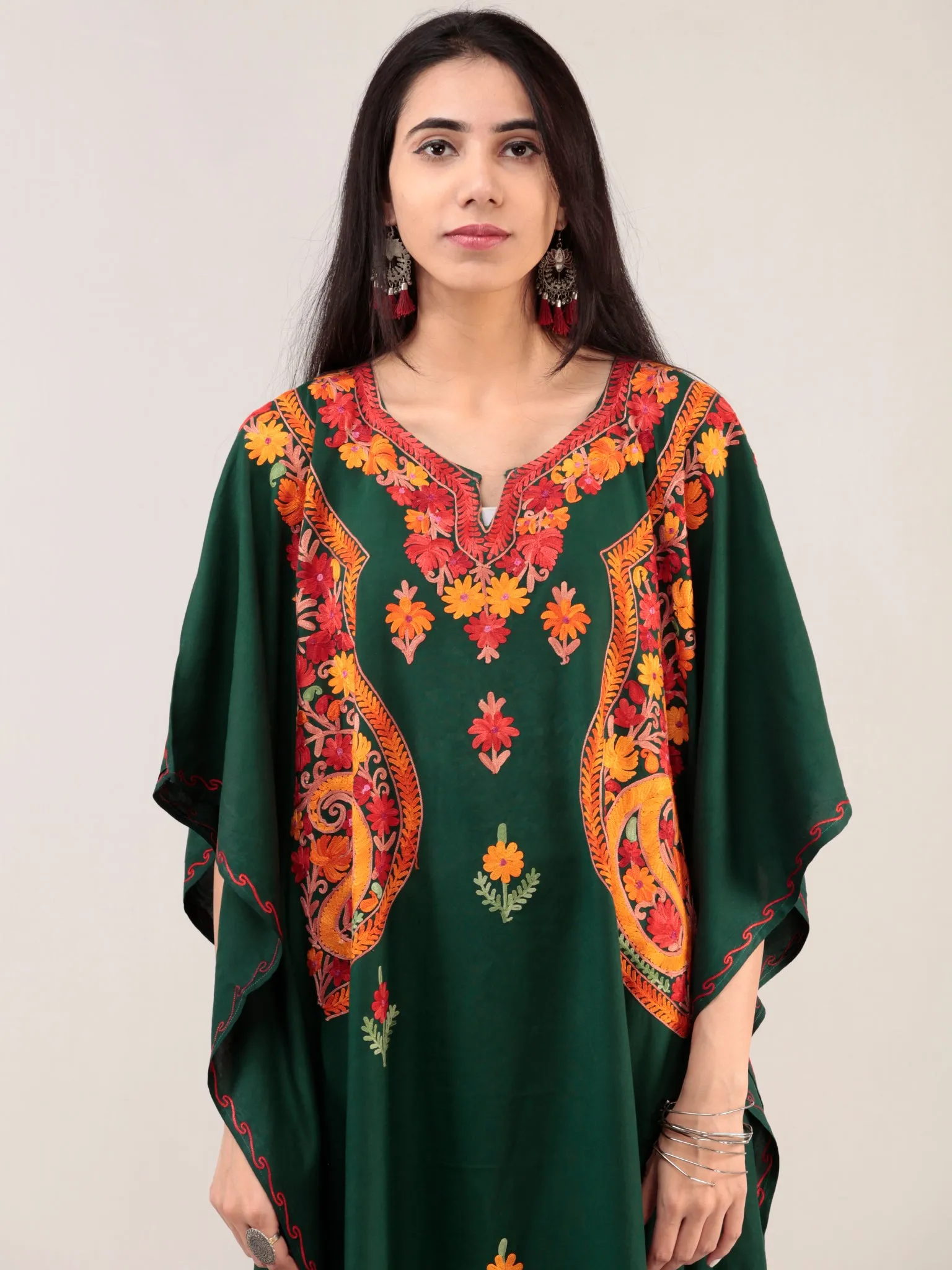 Bottle Green Orange Aari Embroidered Kashmere Free Size Kaftan  - K12K027