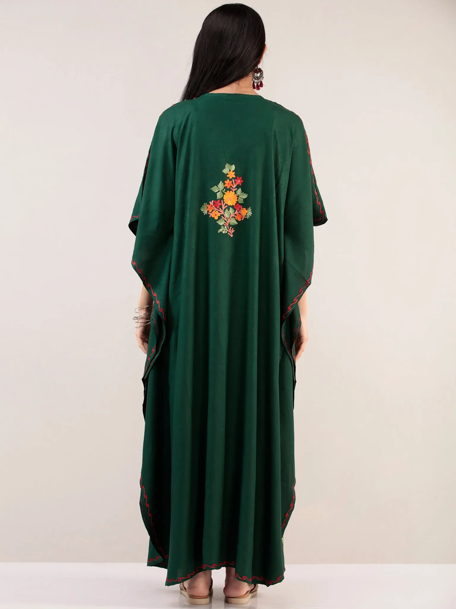 Bottle Green Orange Aari Embroidered Kashmere Free Size Kaftan  - K12K027