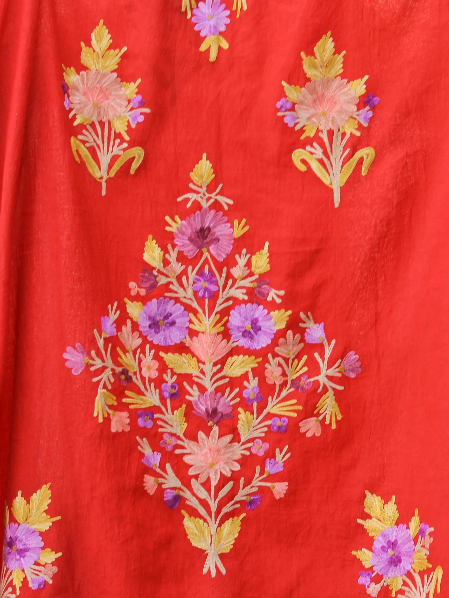 Bright Red Lilac Yellow Aari Embroidered Kashmere Free Size Kaftan in Crushed Cotton - K11K054