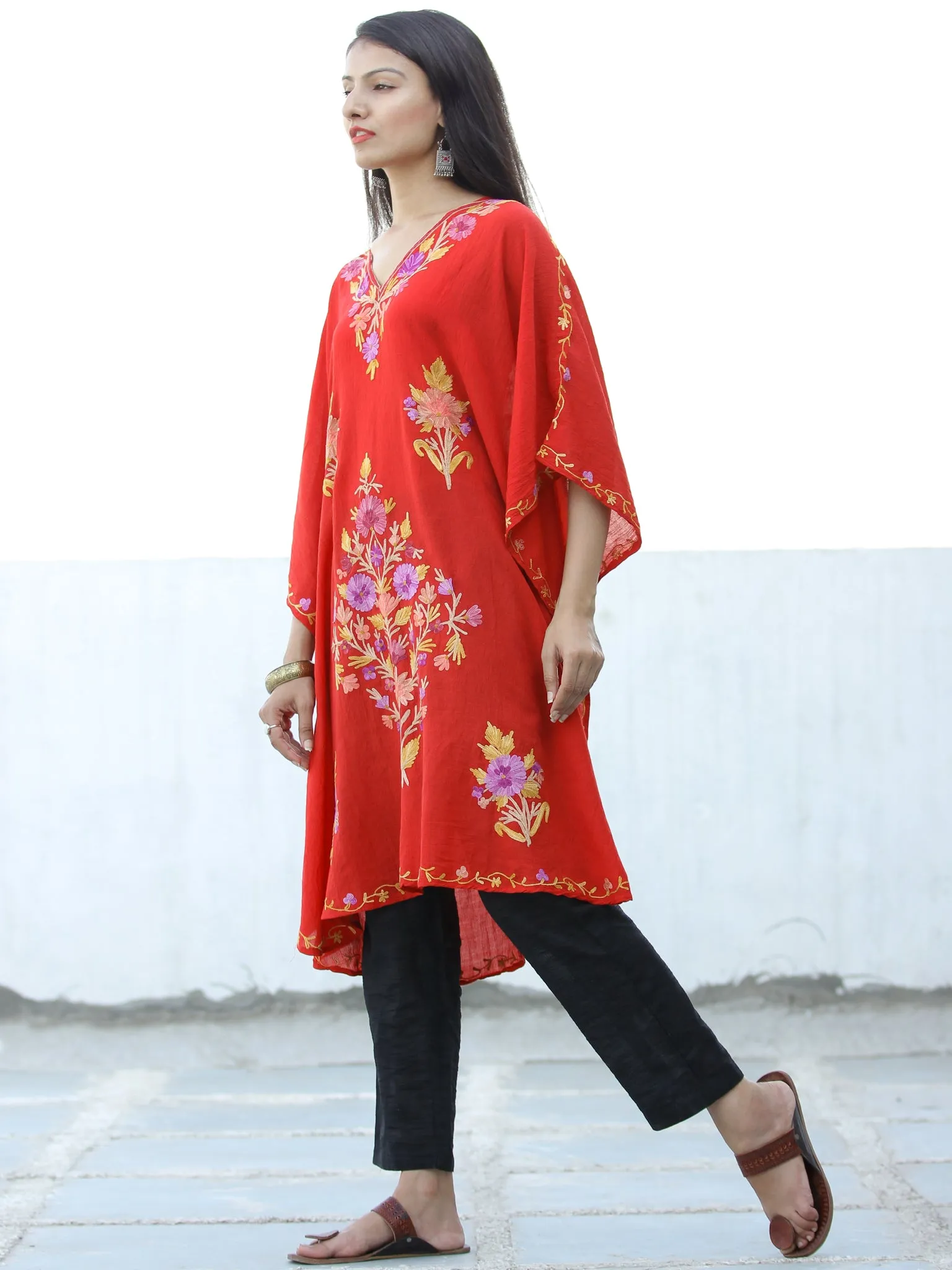 Bright Red Lilac Yellow Aari Embroidered Kashmere Free Size Kaftan in Crushed Cotton - K11K054