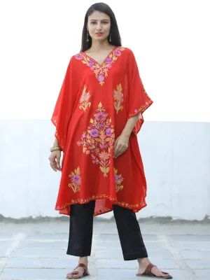 Bright Red Lilac Yellow Aari Embroidered Kashmere Free Size Kaftan in Crushed Cotton - K11K054