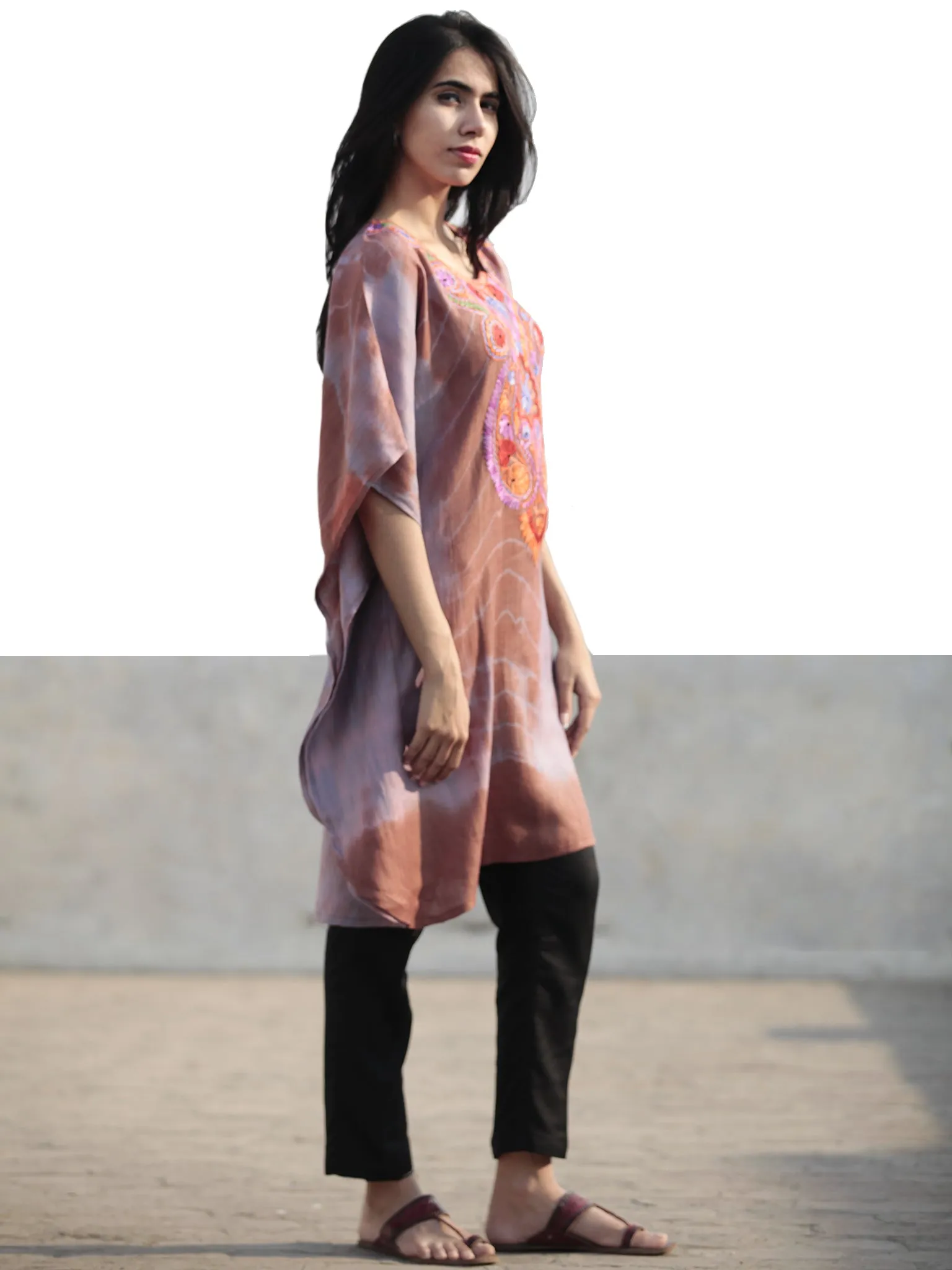 Brown Blue Rust Lavender Green  Orange Aari Embroidered Short Kashmere Kaftan  - K11K048