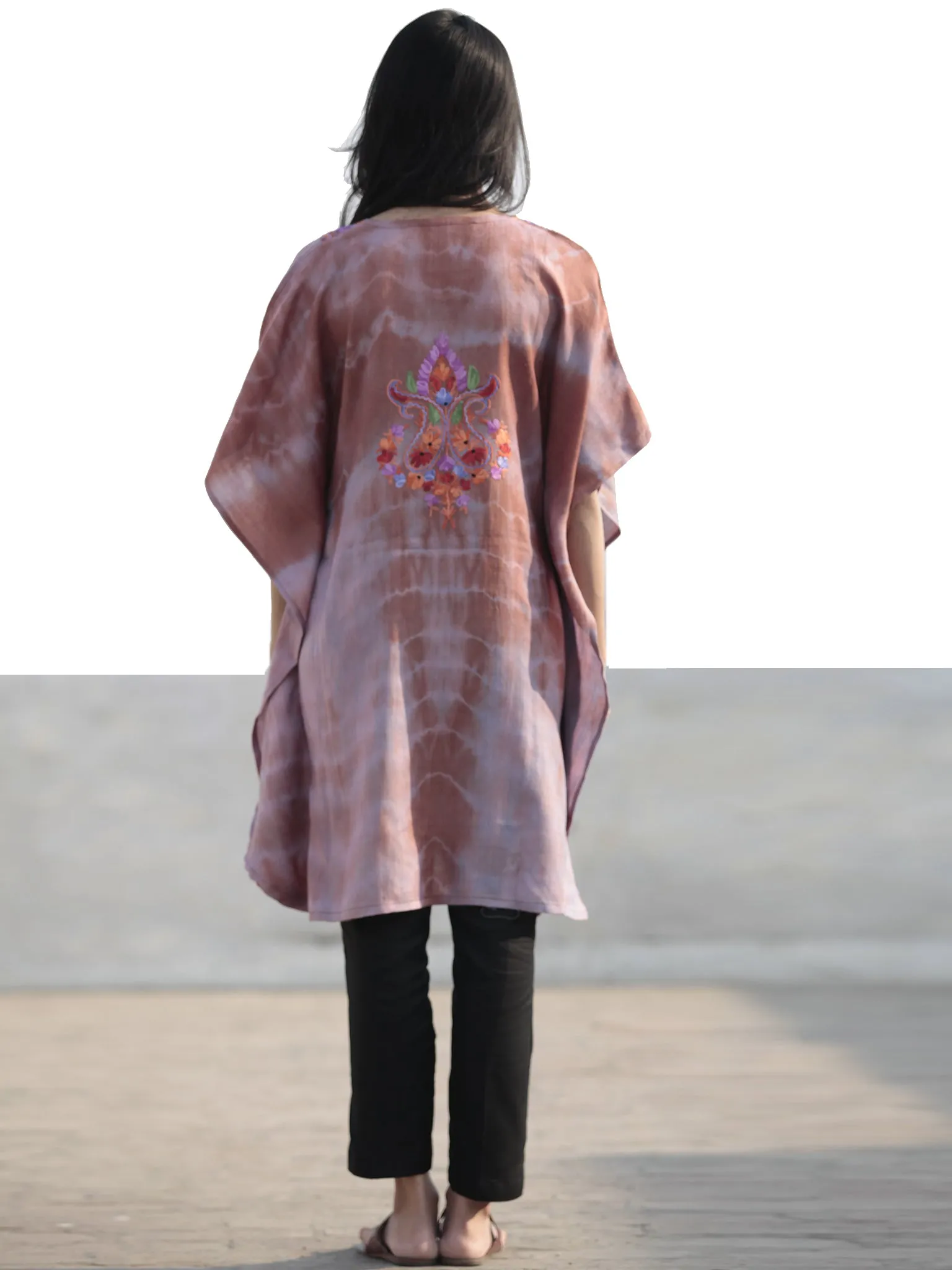 Brown Blue Rust Lavender Green  Orange Aari Embroidered Short Kashmere Kaftan  - K11K048