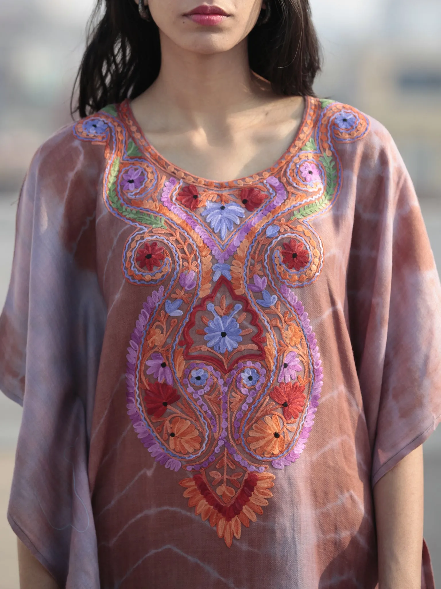Brown Blue Rust Lavender Green  Orange Aari Embroidered Short Kashmere Kaftan  - K11K048