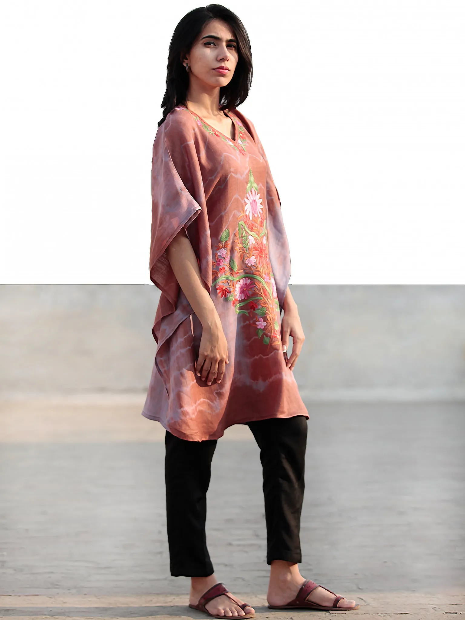 Brown Pink Green Rust Aari Embroidered Short Kashmere Kaftan  - K11K036