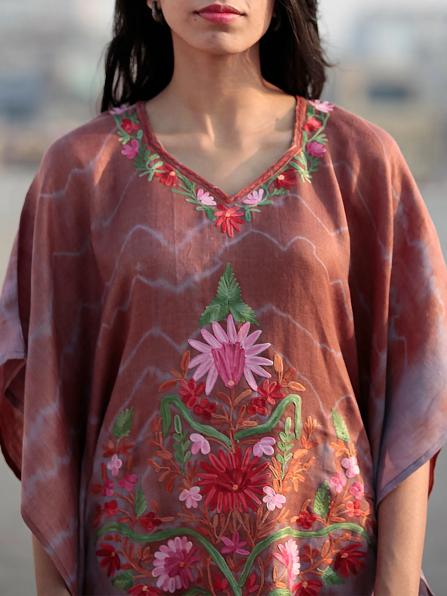 Brown Pink Green Rust Aari Embroidered Short Kashmere Kaftan  - K11K036