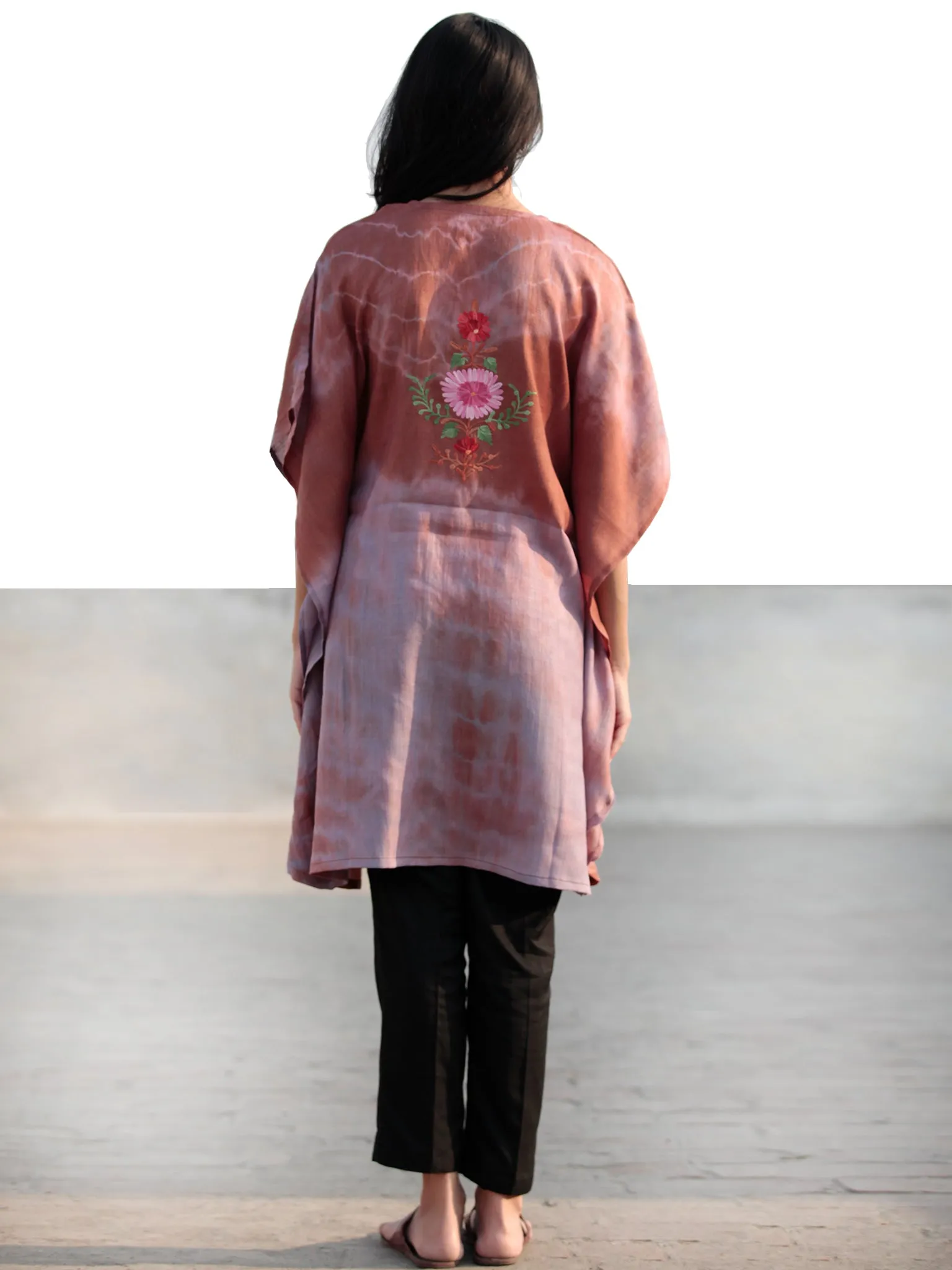 Brown Pink Green Rust Aari Embroidered Short Kashmere Kaftan  - K11K036