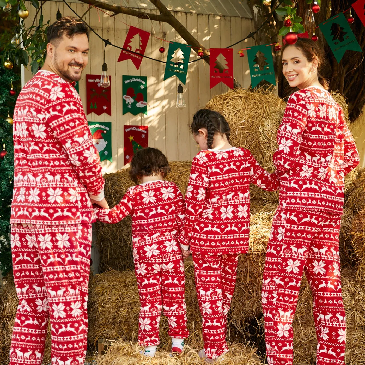 Christmas Family Matching Long-sleeve Allover Deer & Snowflake Print Red Thickened Polar Fleece Pajamas Sets (Flame Resistant)