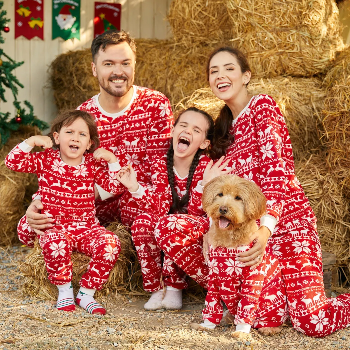 Christmas Family Matching Long-sleeve Allover Deer & Snowflake Print Red Thickened Polar Fleece Pajamas Sets (Flame Resistant)