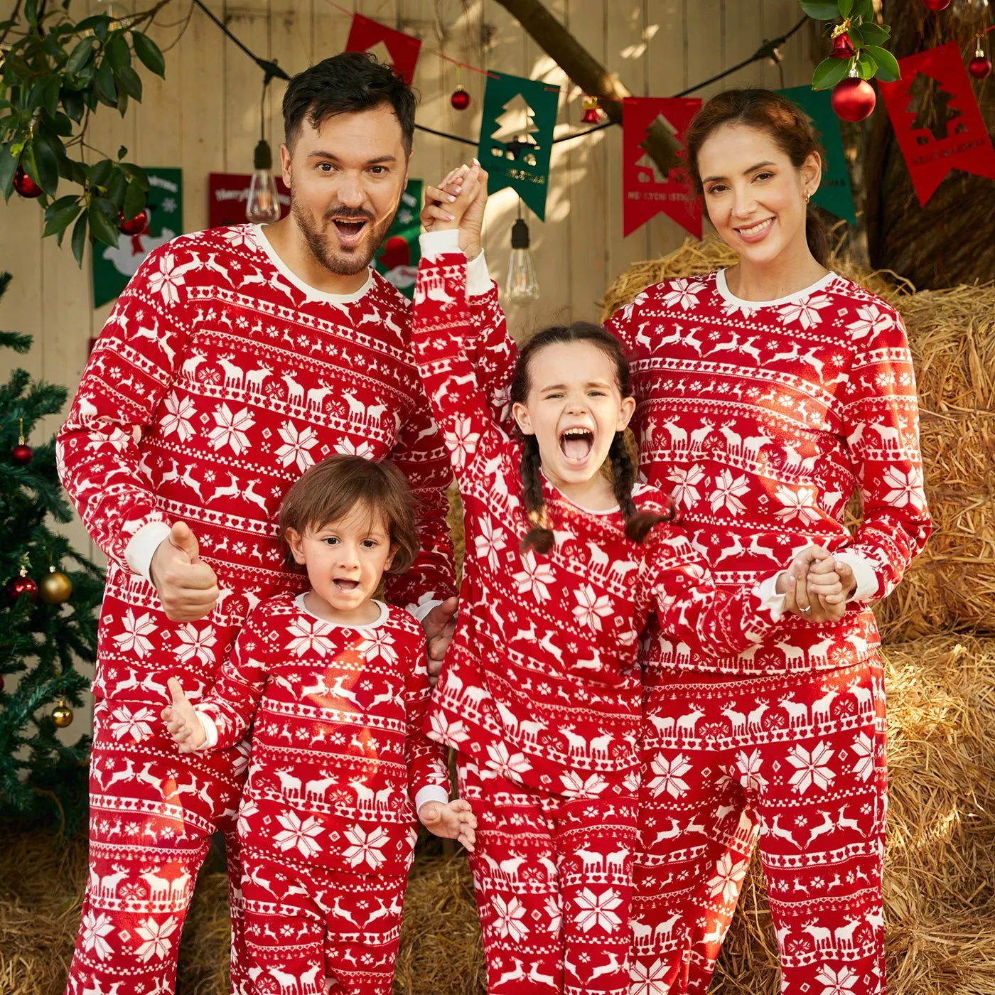 Christmas Family Matching Long-sleeve Allover Deer & Snowflake Print Red Thickened Polar Fleece Pajamas Sets (Flame Resistant)
