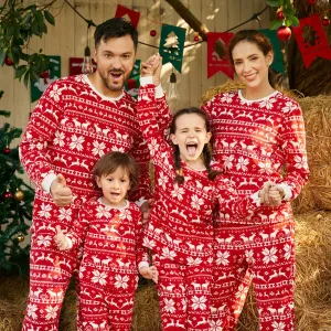 Christmas Family Matching Long-sleeve Allover Deer & Snowflake Print Red Thickened Polar Fleece Pajamas Sets (Flame Resistant)