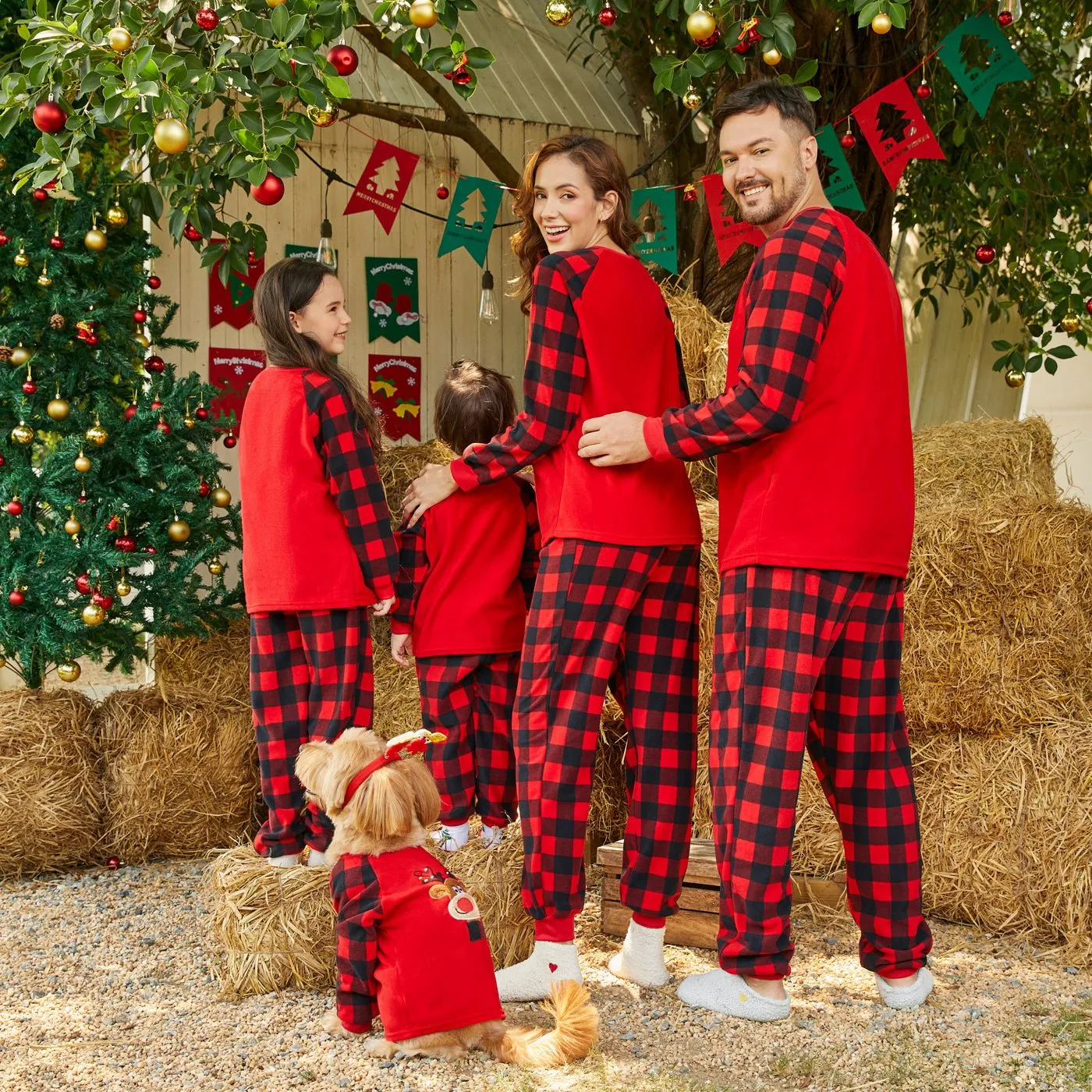 Christmas Family Matching Reindeer Embroidered Red Plaid Raglan-sleeve Thickened Polar Fleece Pajamas Sets (Flame Resistant)