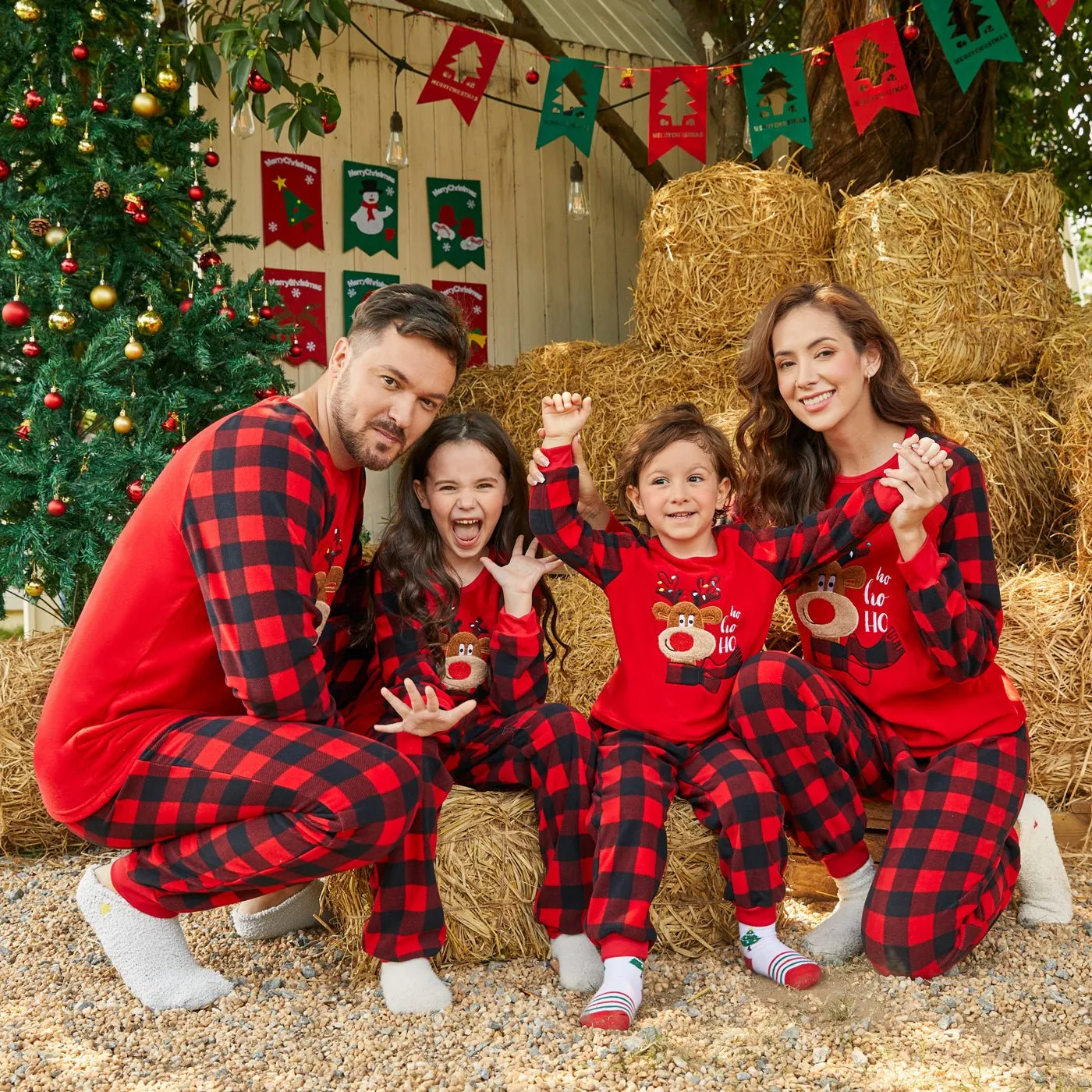 Christmas Family Matching Reindeer Embroidered Red Plaid Raglan-sleeve Thickened Polar Fleece Pajamas Sets (Flame Resistant)
