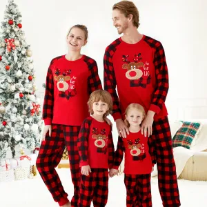 Christmas Family Matching Reindeer Embroidered Red Plaid Raglan-sleeve Thickened Polar Fleece Pajamas Sets (Flame Resistant)