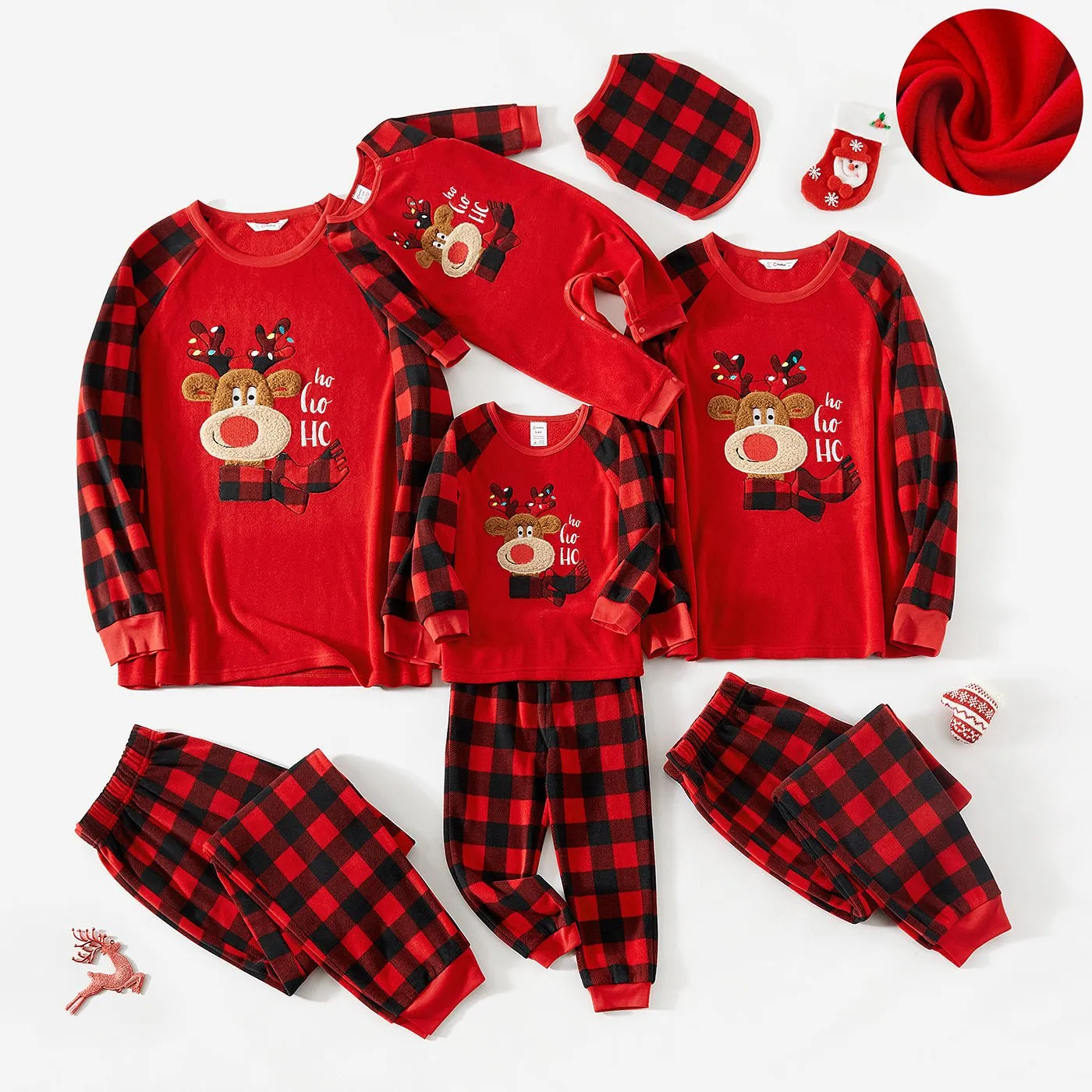 Christmas Family Matching Reindeer Embroidered Red Plaid Raglan-sleeve Thickened Polar Fleece Pajamas Sets (Flame Resistant)