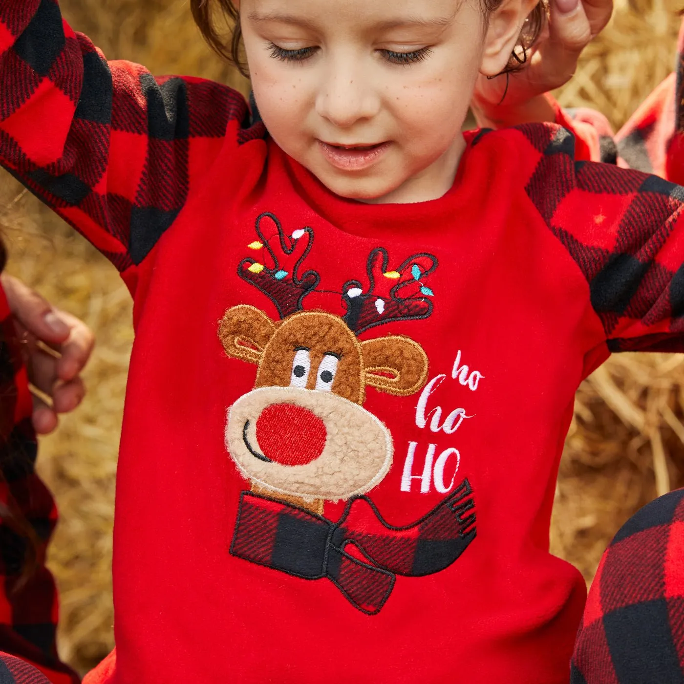 Christmas Family Matching Reindeer Embroidered Red Plaid Raglan-sleeve Thickened Polar Fleece Pajamas Sets (Flame Resistant)