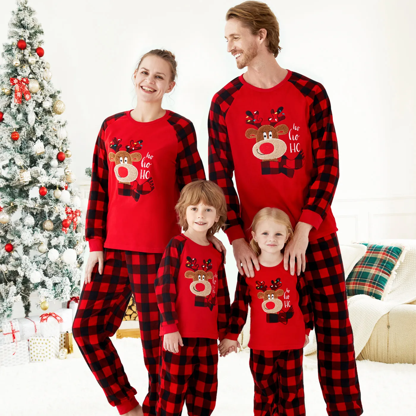 Christmas Family Matching Reindeer Embroidered Red Plaid Raglan-sleeve Thickened Polar Fleece Pajamas Sets (Flame Resistant)
