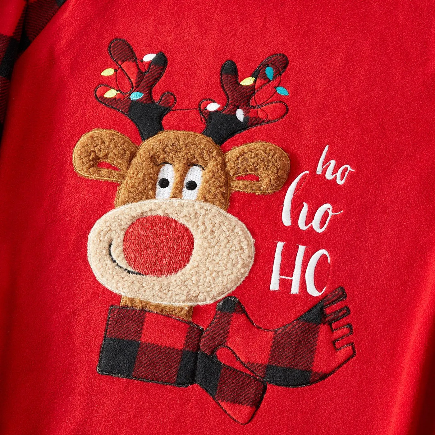 Christmas Family Matching Reindeer Embroidered Red Plaid Raglan-sleeve Thickened Polar Fleece Pajamas Sets (Flame Resistant)