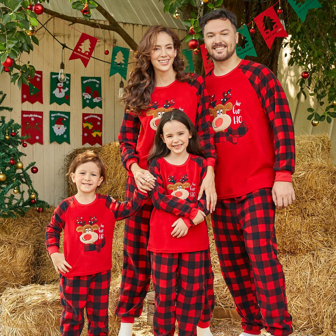 Christmas Family Matching Reindeer Embroidered Red Plaid Raglan-sleeve Thickened Polar Fleece Pajamas Sets (Flame Resistant)