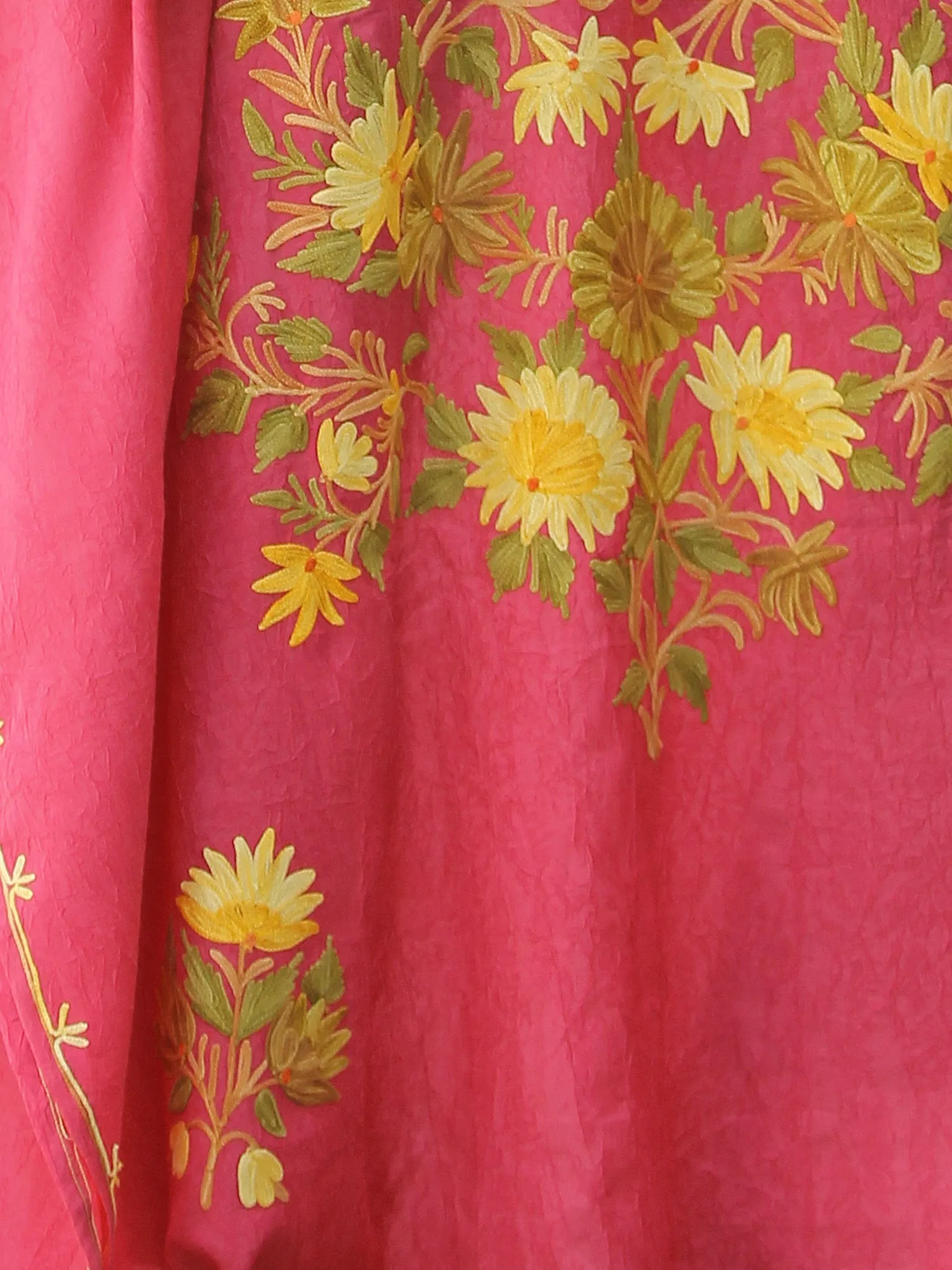 Coral Pink Yellow Aari Embroidered Kashmere Free Size Kaftan in Crushed Cotton - K11K061