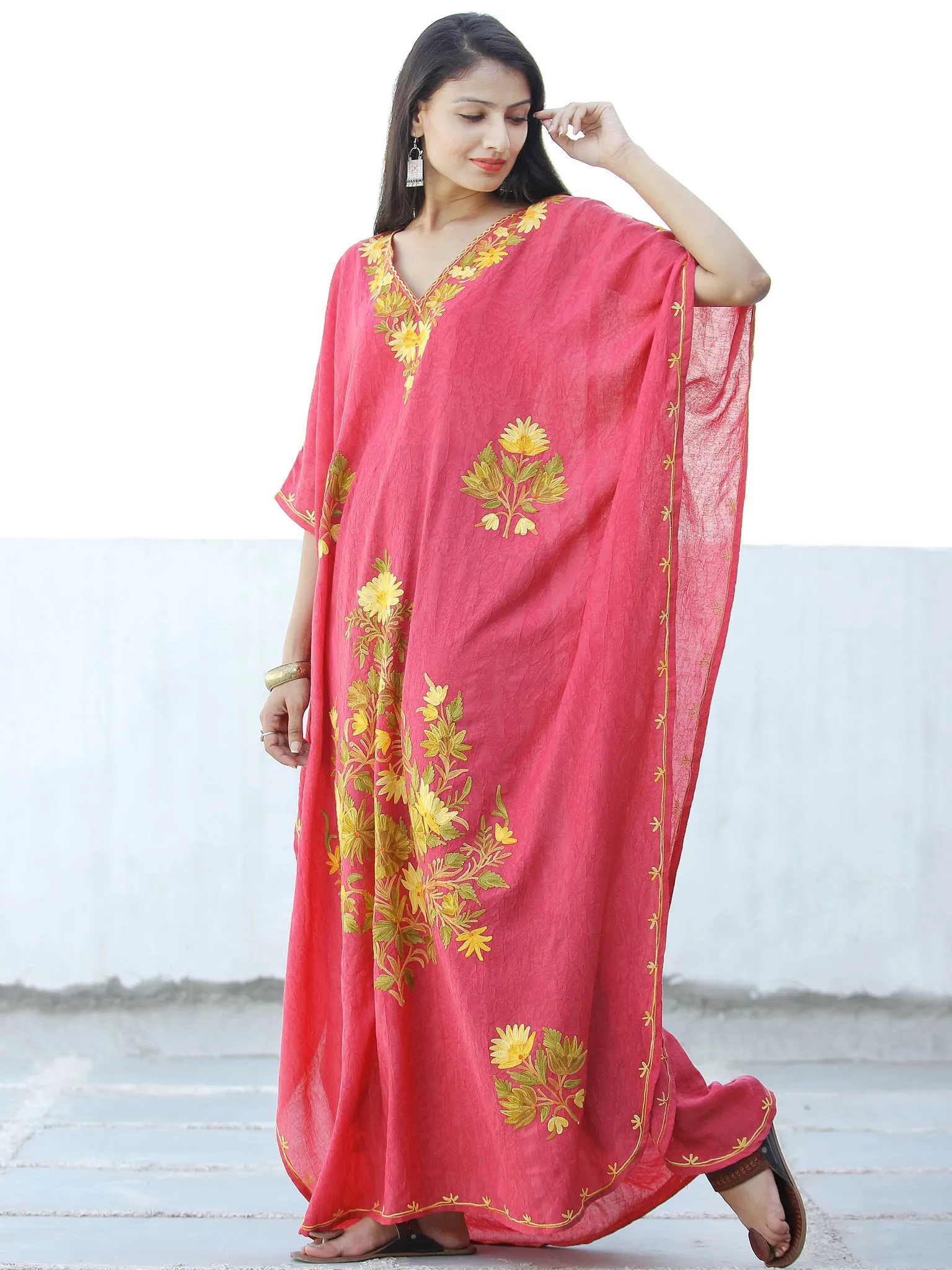 Coral Pink Yellow Aari Embroidered Kashmere Free Size Kaftan in Crushed Cotton - K11K061