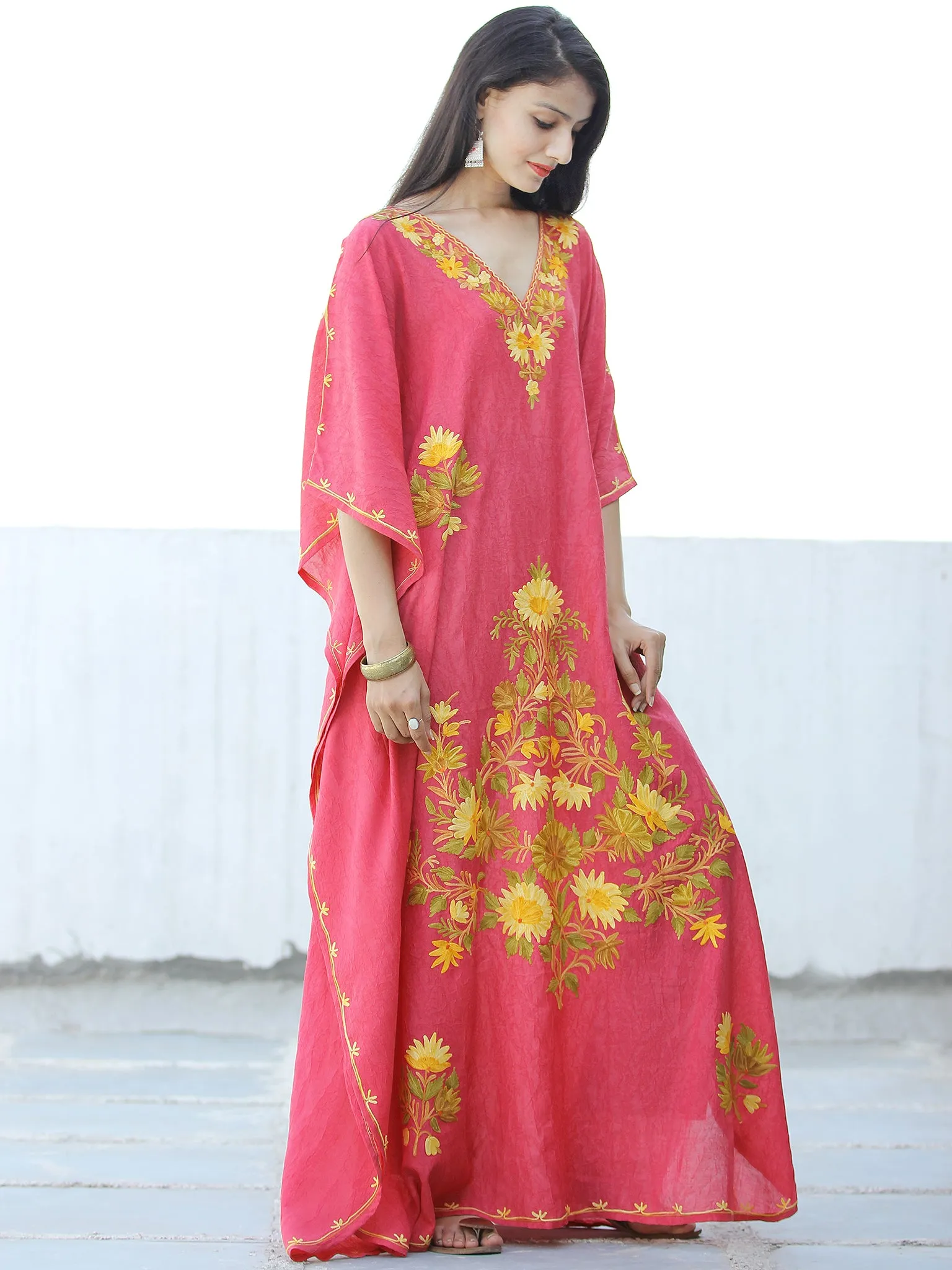 Coral Pink Yellow Aari Embroidered Kashmere Free Size Kaftan in Crushed Cotton - K11K061