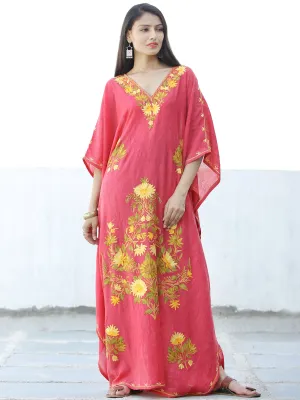 Coral Pink Yellow Aari Embroidered Kashmere Free Size Kaftan in Crushed Cotton - K11K061